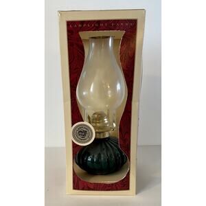 Vintage‎ Lamplight Farms Clear Glass Hurricane Oil Lamp Green Base-NEW